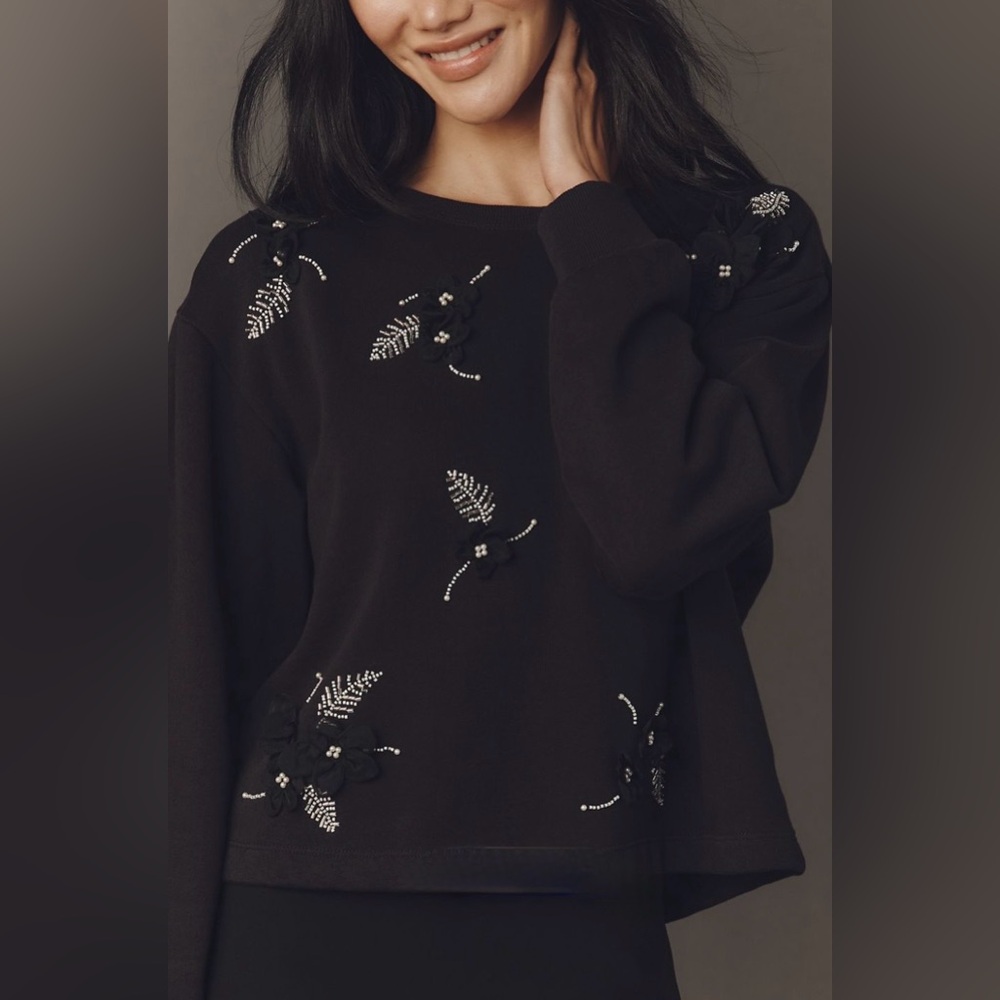 Anthropologie Maeve Black Sweatshirt & Gold Embellishments | NWT | Large
